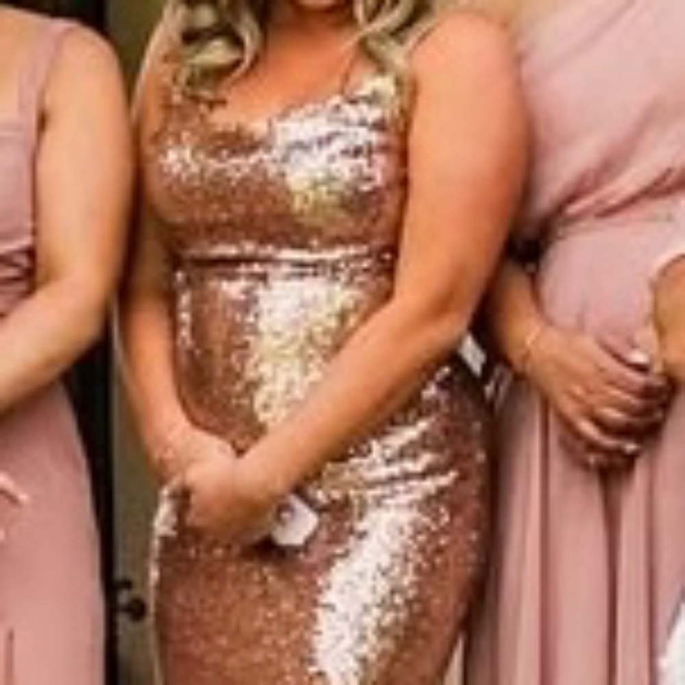 Revelry sequin rose gold bridesmaid dress